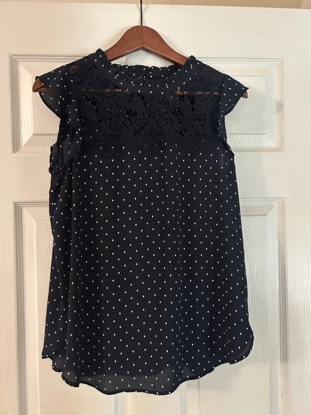 Navy Polka Dot Lace Yoke Sleeveless Top
